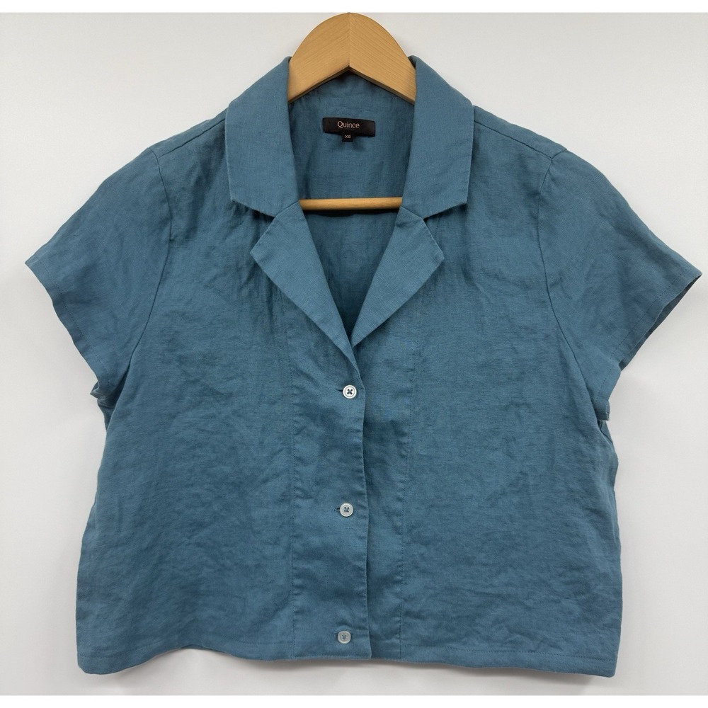 Quince Lot of 2 100% European Linen Short Sleeve Shirt XS Cropped Teal & Tan - Picture 3 of 10